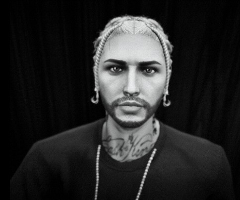 It is a striking, monochromatic (black and white) close-up portrait, serving as the mod cover art for creator SantiagoWRLD (DaJuan Lacey). The image is a high-contrast, moody close-up photograph of a man looking directly at the camera with a serious and direct expression. The man has distinct platinum-blonde braided hair, intricately styled into multiple small cornrows that start at his hairline and curve dramatically backward over his head. His eyes are dark, intense, and heavily lined, giving them a piercing gaze. He has a well-kept, dark-colored short beard and mustache. He is wearing a black-on-black outfit, with a black t-shirt or sweatshirt. From his neck, multiple large, complex, and extensive black-ink tattoos are visible, completely covering his throat and upper chest, with stylized cursive script and tribal-like patterns, though individual words are obscured. He is also wearing several thick, large, black stud-and-hoop earrings in his ears. Around his neck, a dark-colored, textured chain or cord necklace with visible elements is worn, with another longer chain or cord hanging further down. The background is a deeply textured, dark-black fabric, likely velvet, providing a perfect negative space to isolate the subject. The lighting is focused and dramatic, highlighting the man's features and the textures of his hair, tattoos, and clothing. A small, stylized purple square mod.io logo is visible in the distance over the water on the left side, as an overlay. The overall composition is a powerful and personal statement, similar to a high-end musician's album or artist's portfolio cover.