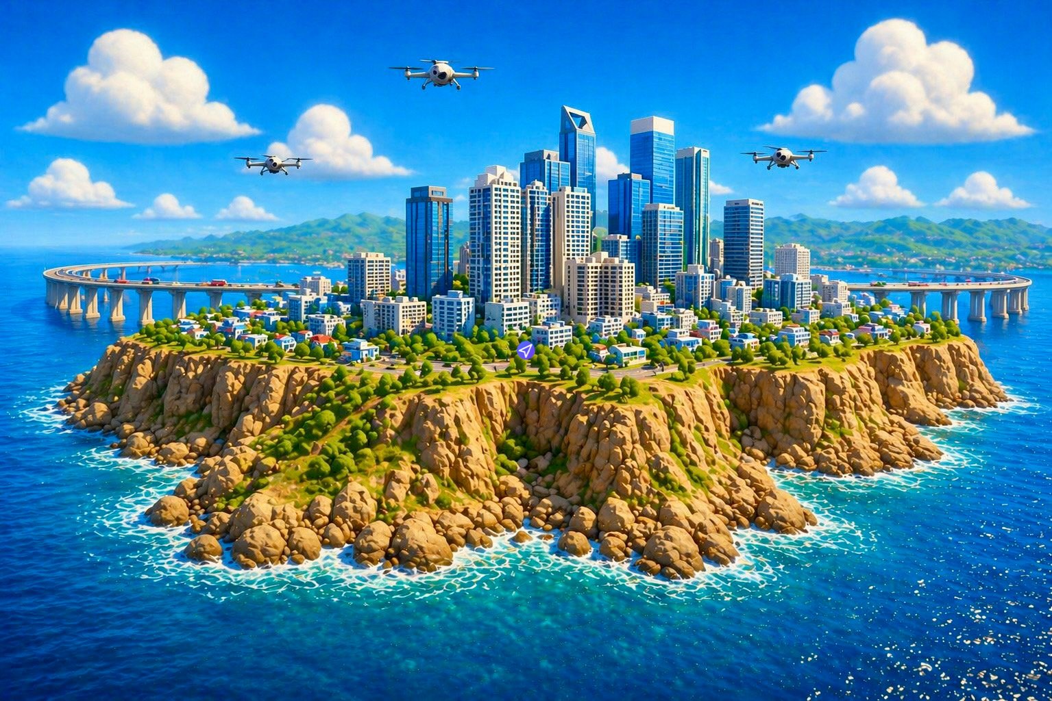It is a stunning, high-definition aerial digital rendering serving as the cover art for the 'Metruvia Australia Expansion (Series 4)' Transport Fever mod. The image captures a dramatic, modern, and futuristic island city built upon a massive, rugged, ochre-red rocky headland that evokes the Australian outback. The city of Metruvia itself is a cluster of elegant, modern glass and steel skyscrapers, with one particularly prominent, spiraling tower and other complex multi-use structures, all perched at the very edge of the headland. This central headland is surrounded by a deep, vibrant ocean, which transitions from deep blue to turquoise near the shore, with detailed, sun-dappled waves and coral visible. Two enormous, modern, multi-lane concrete viaduct bridges arc gracefully from the distant mainland across the water, connecting to the island from both the left and right, with visible traffic flow. The sky is a bright, clear blue, with scattered, textured cumulus and cirrus clouds. Flying high above the city and bridges are three advanced multi-rotor aerial vehicles (one larger, complex drone directly above the city, and two smaller ones further to the right). A small, clean purple square mod.io logo is visible in the distance over the water on the left side, as an overlay. The overall scene blends the engineering feats of modern transport with a unique, sun-drenched Australian landscape and futuristic urban planning. The art style is hyper-realistic with rich, saturated colors, similar to professional game key art.