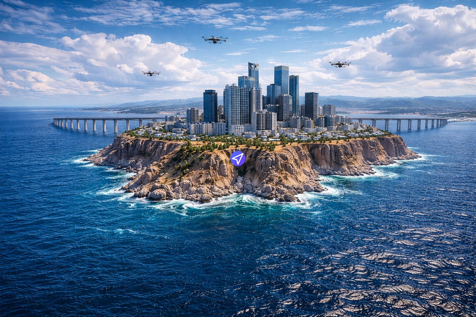 It is a stunning, high-definition aerial digital rendering serving as the cover art for the 'Metruvia Australia Expansion (Series 4)' Transport Fever mod. The image captures a dramatic, modern, and futuristic island city built upon a massive, rugged, ochre-red rocky headland that evokes the Australian outback. The city of Metruvia itself is a cluster of elegant, modern glass and steel skyscrapers, with one particularly prominent, spiraling tower and other complex multi-use structures, all perched at the very edge of the headland. This central headland is surrounded by a deep, vibrant ocean, which transitions from deep blue to turquoise near the shore, with detailed, sun-dappled waves and coral visible. Two enormous, modern, multi-lane concrete viaduct bridges arc gracefully from the distant mainland across the water, connecting to the island from both the left and right, with visible traffic flow. The sky is a bright, clear blue, with scattered, textured cumulus and cirrus clouds. Flying high above the city and bridges are three advanced multi-rotor aerial vehicles (one larger, complex drone directly above the city, and two smaller ones further to the right). A small, clean purple square mod.io logo is visible in the distance over the water on the left side, as an overlay. The overall scene blends the engineering feats of modern transport with a unique, sun-drenched Australian landscape and futuristic urban planning. The art style is hyper-realistic with rich, saturated colors, similar to professional game key art.