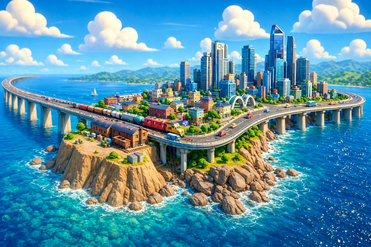 A detailed aerial view of an integrated transportation hub and modern city built upon rocky islands in a deep blue ocean, serving as cover art for the 'Metruvia Bay Expansion (Series 1)' Transport Fever mod. The composition shows multiple multi-lane elevated concrete-pier bridges and viaducts arcing across the water. A central rugged, multi-level island base features a complex of dark wood warehouse buildings and platforms with vehicles. An elevated bridge, carrying both roads and train tracks, connects this base to a large coastal landmass in the background, which is covered by a modern skyline of tall glass and concrete skyscrapers with a circular stadium at their base. Rollings green hills are in the far distance. Below, multiple vehicles like buses, cars, and a train (visible on the track) demonstrate a complex network. Two distinct aerial vehicles—a quadcopter drone and a larger multi-rotor urban air mobility (flying taxi) craft—fly overhead in a partly cloudy sky. A purple stylized paper airplane (location marker) icon is visible on one of the main bridge ramps. Below the surface, detailed coral formations are visible through the clear blue water, which is dappled with sunlight.