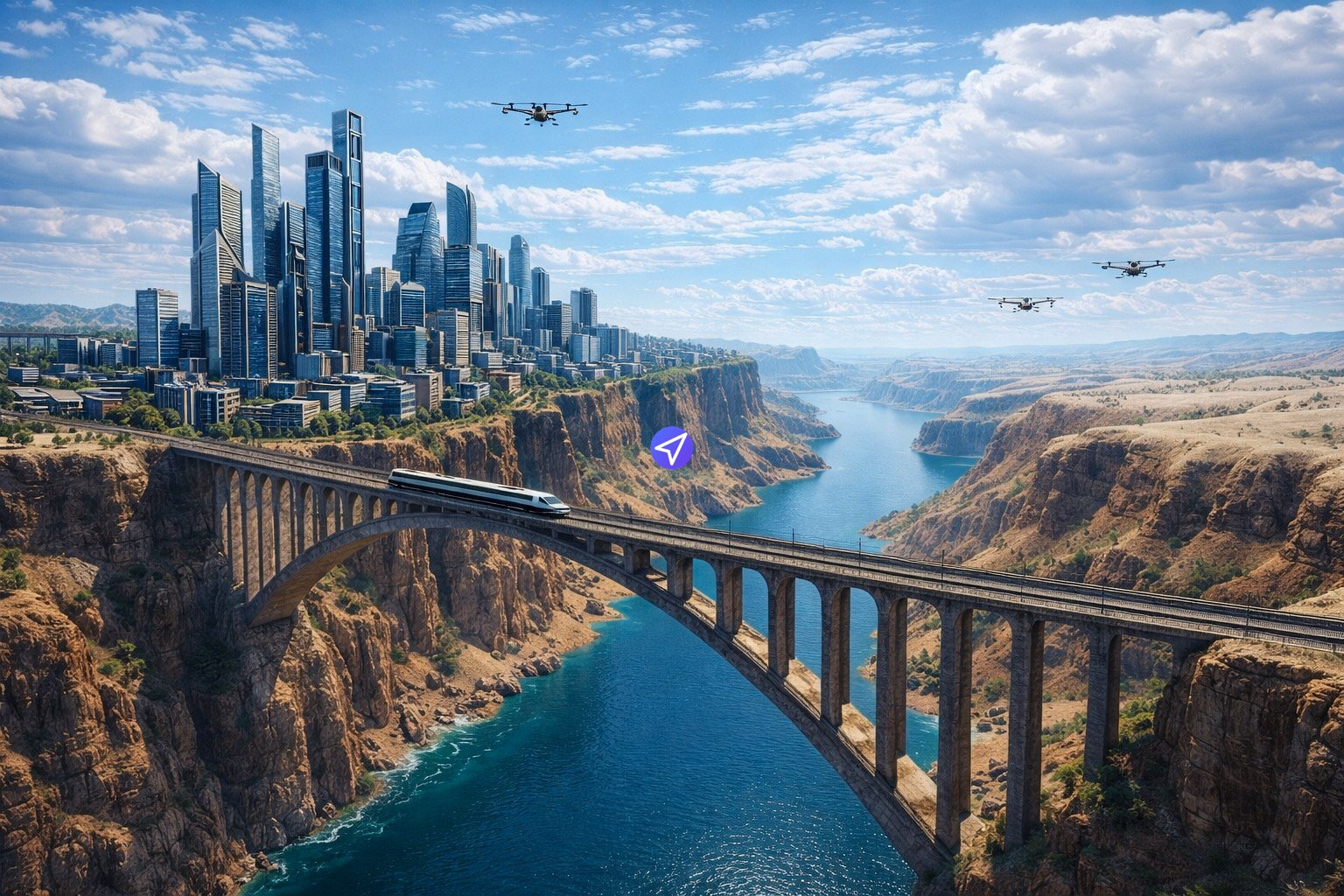 A detailed description of the image follows. It is a wide-angle, photorealistic digital illustration serving as the cover art for the 'Metruvia Canyon Expansion (Series 2)' Transport Fever mod. The image presents a dramatic, high-altitude perspective of a vast, deep canyon landscape. A massive, grandly arched concrete viaduct and railway bridge, made of multiple spans, arcs across the mid-ground, linking two sheer cliff edges. Moving along this viaduct is a long, sleek, multi-car high-speed passenger train (white with blue accents), traveling toward the left. Below the bridge, at the bottom of the canyon, a wide, winding river flows, its water a deep turquoise-blue, surrounded by arid, rocky, golden-brown canyon walls. Perched dramatically on the far-left cliff rim is the sprawling, modern city of Metruvia, densely packed with numerous tall, glass and concrete skyscrapers with contemporary architectural designs. The city is built right up to the edge of the precipice. Above the canyon, the sky is a clear, bright blue with scattered, puffy white cumulus clouds. Three multi-rotor aerial vehicles (small drones or urban air mobility crafts) are in flight: one larger, complex drone over the city, and two smaller ones further in the distance to the right over the canyon. A small, purple square icon with a white 'p' (mod.io logo) is positioned above the canyon floor on the right side, as an overlay. The overall scene emphasizes the scale and engineering feat of integrating modern infrastructure within a spectacular natural environment. The art style is high-quality digital render, similar to professional game key art.