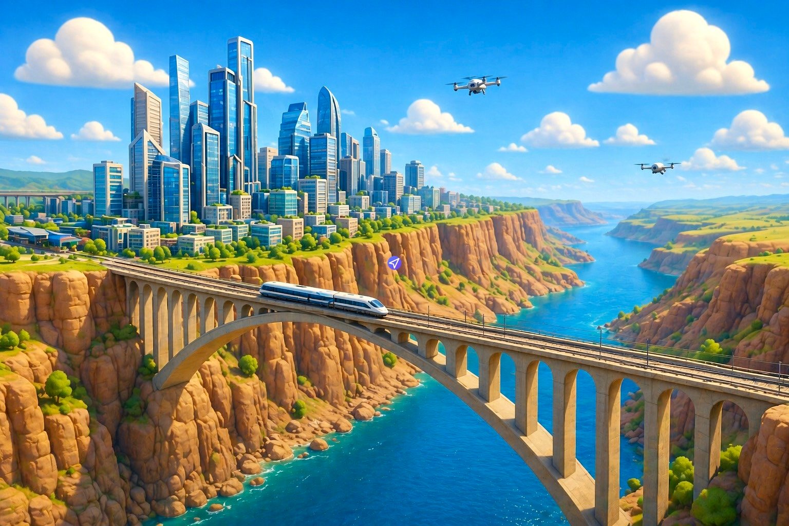 A detailed description of the image follows. It is a wide-angle, photorealistic digital illustration serving as the cover art for the 'Metruvia Canyon Expansion (Series 2)' Transport Fever mod. The image presents a dramatic, high-altitude perspective of a vast, deep canyon landscape. A massive, grandly arched concrete viaduct and railway bridge, made of multiple spans, arcs across the mid-ground, linking two sheer cliff edges. Moving along this viaduct is a long, sleek, multi-car high-speed passenger train (white with blue accents), traveling toward the left. Below the bridge, at the bottom of the canyon, a wide, winding river flows, its water a deep turquoise-blue, surrounded by arid, rocky, golden-brown canyon walls. Perched dramatically on the far-left cliff rim is the sprawling, modern city of Metruvia, densely packed with numerous tall, glass and concrete skyscrapers with contemporary architectural designs. The city is built right up to the edge of the precipice. Above the canyon, the sky is a clear, bright blue with scattered, puffy white cumulus clouds. Three multi-rotor aerial vehicles (small drones or urban air mobility crafts) are in flight: one larger, complex drone over the city, and two smaller ones further in the distance to the right over the canyon. A small, purple square icon with a white 'p' (mod.io logo) is positioned above the canyon floor on the right side, as an overlay. The overall scene emphasizes the scale and engineering feat of integrating modern infrastructure within a spectacular natural environment. The art style is high-quality digital render, similar to professional game key art.
