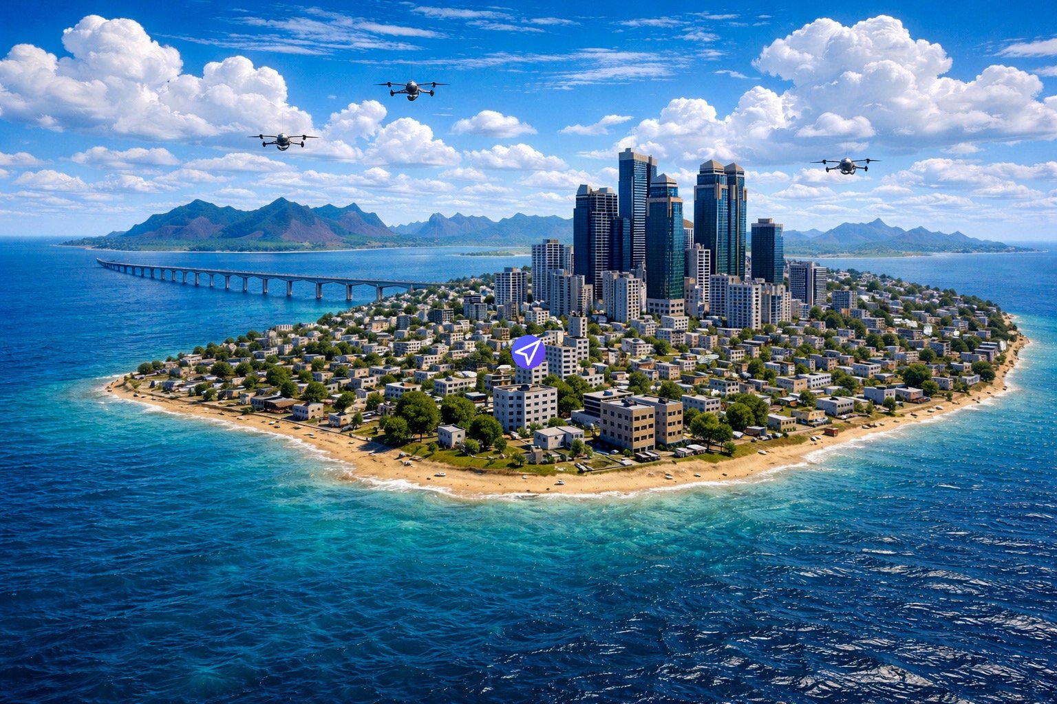 A detailed aerial digital rendering serving as the cover art for the 'Metruvia Italy Expansion (Series 5)' Transport Fever mod. The scene features a large, lush Mediterranean-style island city surrounded by vibrant turquoise and deep blue waters. The island is densely developed, transitioning from a cluster of modern, dark-glass skyscrapers in the center to smaller, light-colored residential and commercial buildings nestled among green trees toward the sandy shoreline. A long, low-profile concrete viaduct bridge extends from the left side of the island across the sea, connecting it to a distant mainland characterized by jagged, hazy blue mountain ranges. The sky is a brilliant blue, filled with soft, white cumulous clouds. Three advanced tilt-rotor aerial vehicles (urban air mobility drones) are captured in mid-flight across the upper portion of the frame. A small, purple circular location marker icon with a white paper airplane symbol is overlaid near the center of the island's urban area. The overall aesthetic is bright and coastal, emphasizing a Mediterranean atmosphere combined with futuristic transportation and infrastructure.