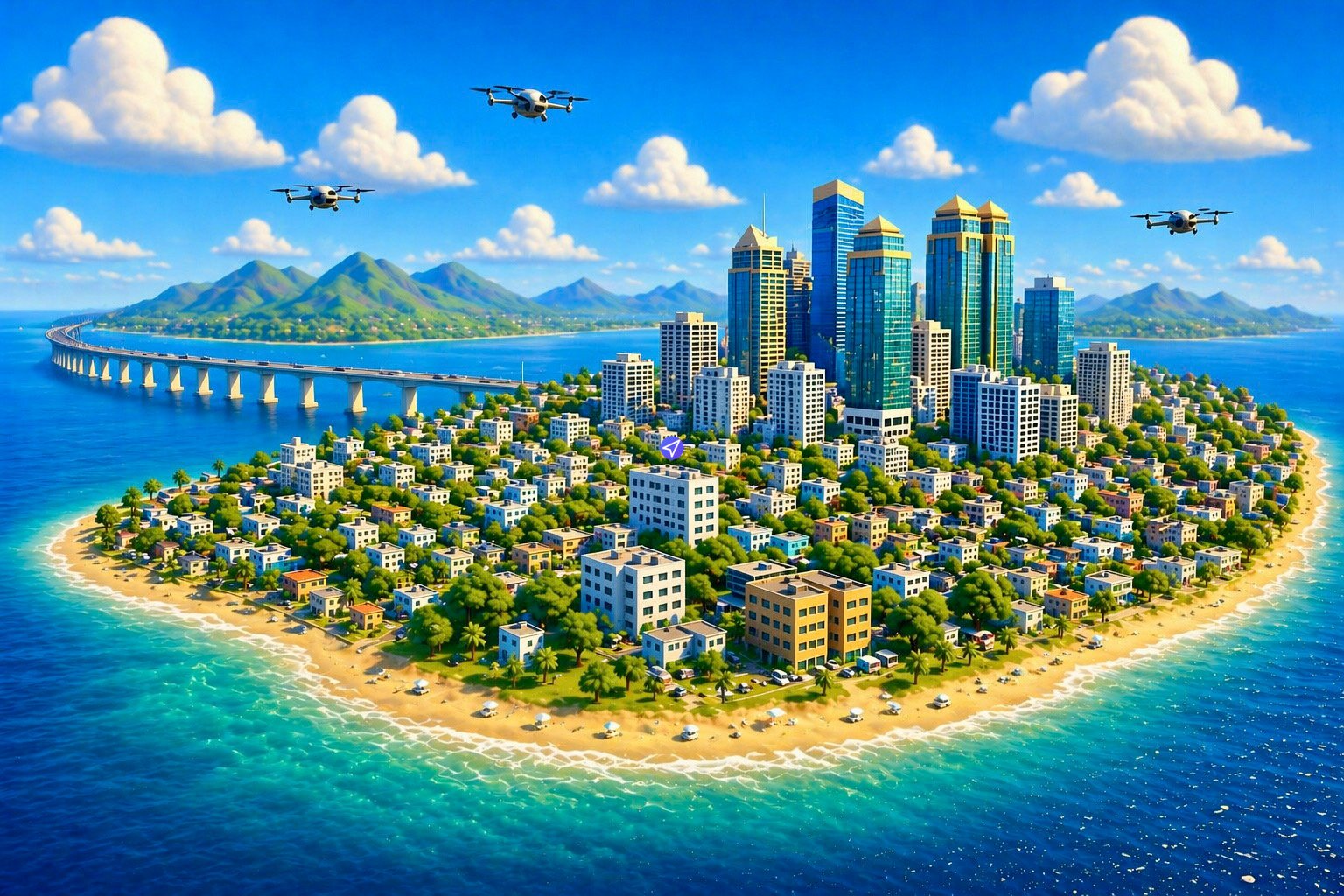 A detailed aerial digital rendering serving as the cover art for the 'Metruvia Italy Expansion (Series 5)' Transport Fever mod. The scene features a large, lush Mediterranean-style island city surrounded by vibrant turquoise and deep blue waters. The island is densely developed, transitioning from a cluster of modern, dark-glass skyscrapers in the center to smaller, light-colored residential and commercial buildings nestled among green trees toward the sandy shoreline. A long, low-profile concrete viaduct bridge extends from the left side of the island across the sea, connecting it to a distant mainland characterized by jagged, hazy blue mountain ranges. The sky is a brilliant blue, filled with soft, white cumulous clouds. Three advanced tilt-rotor aerial vehicles (urban air mobility drones) are captured in mid-flight across the upper portion of the frame. A small, purple circular location marker icon with a white paper airplane symbol is overlaid near the center of the island's urban area. The overall aesthetic is bright and coastal, emphasizing a Mediterranean atmosphere combined with futuristic transportation and infrastructure.