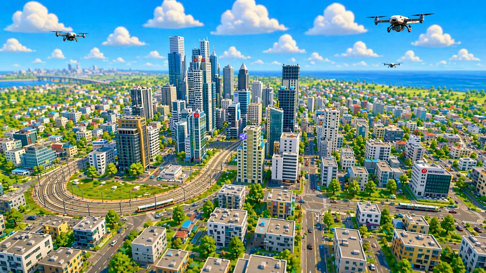 Cover art for the Transport Fever Mod.io mod "Metruvia Japan Expansion (Series 8)" is a detailed, high-resolution digital illustration presented as a miniaturized diorama of a futuristic Japanese metropolis. A prominent, elevated double-track curved railway dominates the foreground, carrying a sleek white Shinkansen-style train with a red stripe, winding through a complex network of streets and modern buildings. Multiple high-rise skyscrapers, featuring varied glass facades and structured designs that integrate subtle, modern interpretations of traditional Japanese architectural accents, form the central city core. The sky is a clear, bright blue with fluffy white clouds, and features three detailed consumer-style drones in flight. The city grid recedes to a detailed coastline with a vast blue ocean and distant mountains. The overall composition is clean, precise, and tech-forward, highlighting the advanced transportation systems and city building assets of the expansion.