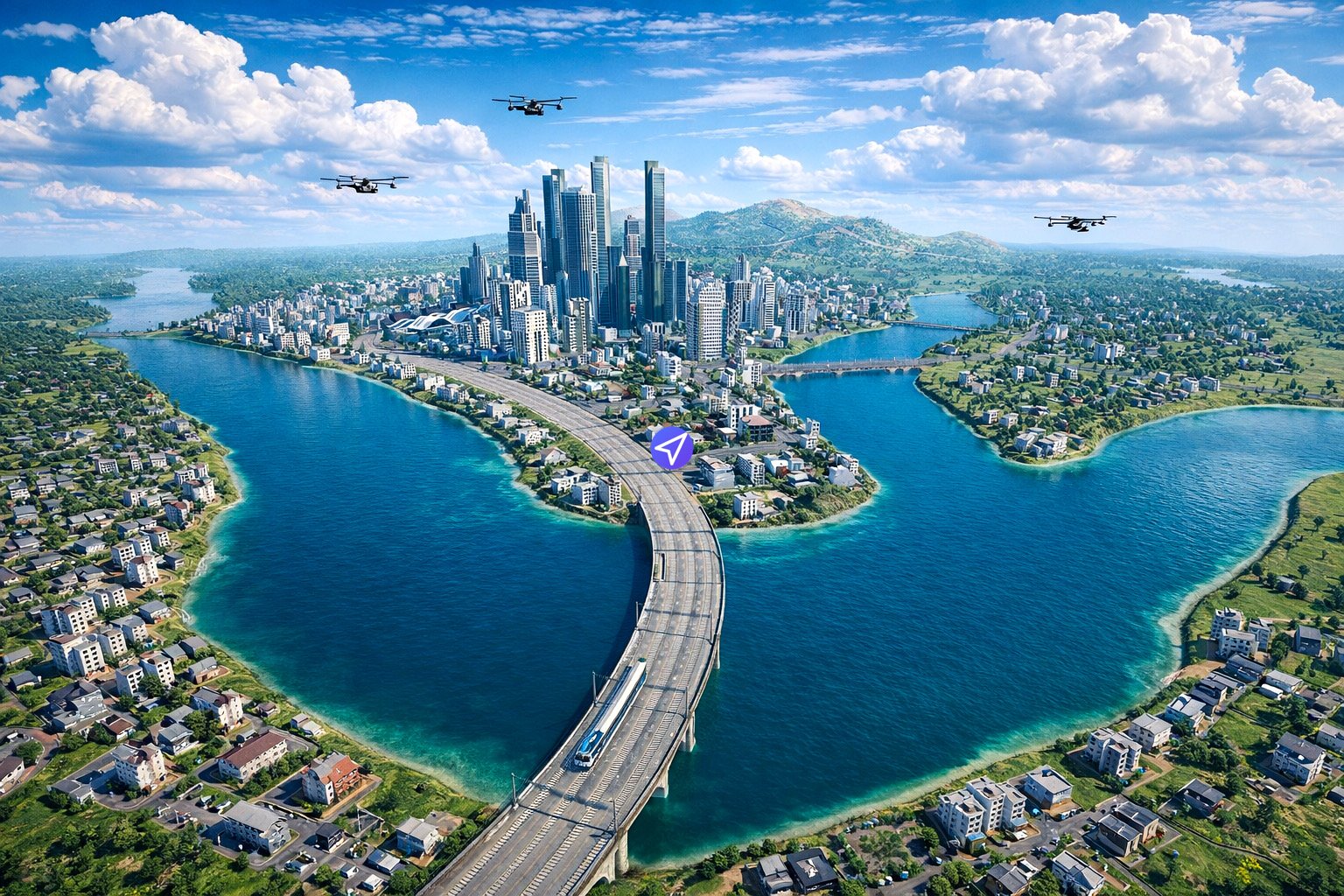 It is a photorealistic, wide-angle aerial digital illustration that serves as the mod cover art for the "Metruvia North America Expansion (Series 7)" Transport Fever mod. The image presents a dramatic, futuristic metropolitan island city centered within a massive, turquoise-blue delta formed by branching rivers and lakes. This delta recedes into a vast, sprawling landscape of low-rise suburban and commercial areas built upon rolling, lush green hills, with distant, hazy mountains on the horizon. The central island features a dense cluster of modern high-rise and futuristic skyscrapers. Extending from the lower foreground, a monumental concrete viaduct and multi-track railway bridge curves in a grand arch across the delta's clear water, directly linking the mainland to the central island city. A modern, multi-car high-speed passenger train, white with blue and red accents, is visible on the tracks, moving towards the city. Smaller bridges cross other river branches in the distance. The entire region is covered in extensive, detailed networks of roads, tracks, residential and commercial buildings, industrial zones, and green spaces, demonstrating widespread land development. Above, the bright blue sky is filled with numerous scattered, puffy white cumulus and wispy cirrus clouds. Flying in the sky are multiple unmanned multi-rotor aerial vehicles (drones or urban air mobility aircraft), including two small ones over the far left, one medium-sized one over the central island, and one slightly larger one on the far right. A stylized purple and white location navigation pin is superimposed over the end of the main bridge on the city island. The composition emphasizes the integration of transport infrastructure into a vast, detailed environment, blending traditional town building with futuristic city planning. The art style is high-quality digital rendering, combining hyper-realistic details with a composition similar to professional game key art.
