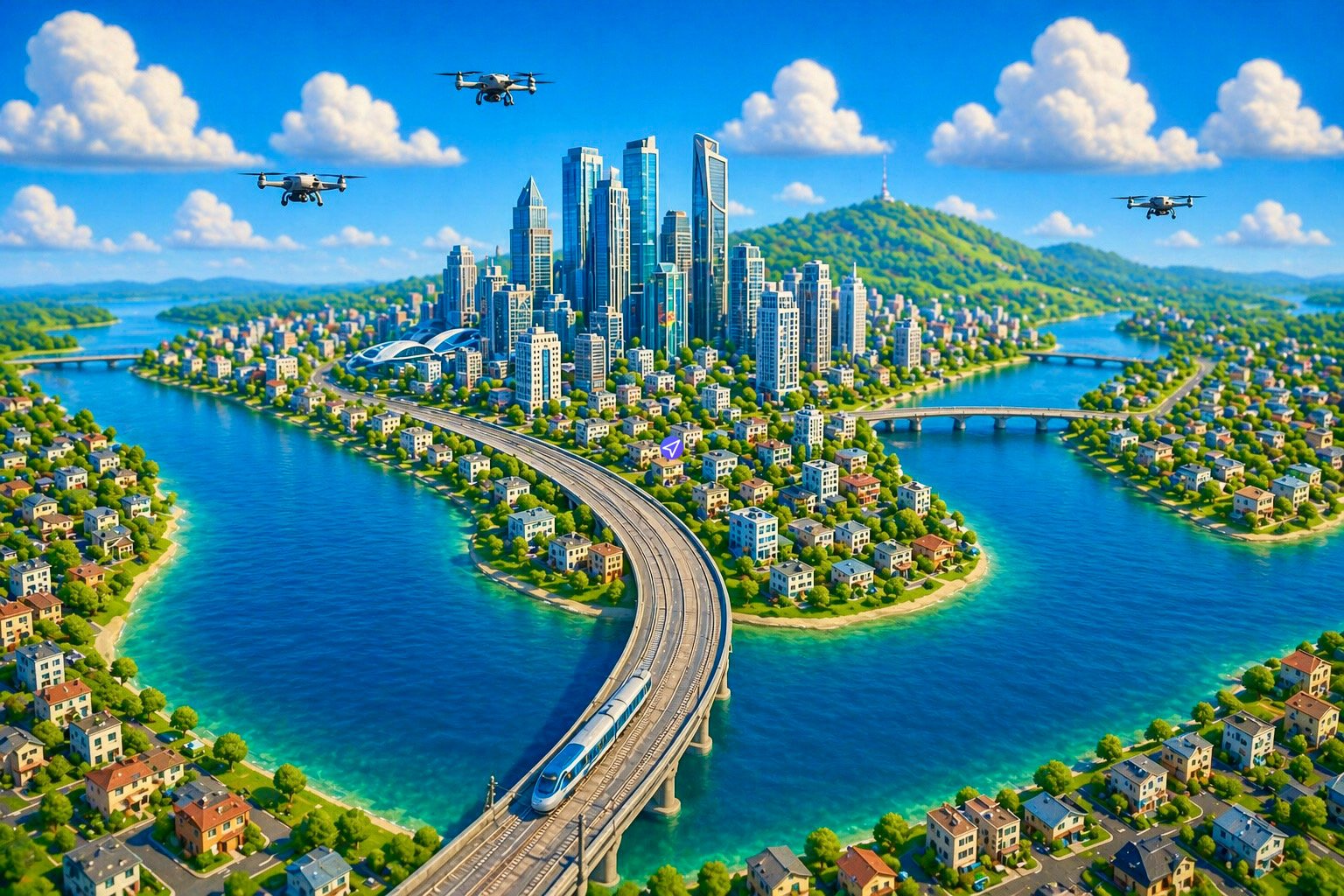 It is a photorealistic, wide-angle aerial digital illustration that serves as the mod cover art for the "Metruvia North America Expansion (Series 7)" Transport Fever mod. The image presents a dramatic, futuristic metropolitan island city centered within a massive, turquoise-blue delta formed by branching rivers and lakes. This delta recedes into a vast, sprawling landscape of low-rise suburban and commercial areas built upon rolling, lush green hills, with distant, hazy mountains on the horizon. The central island features a dense cluster of modern high-rise and futuristic skyscrapers. Extending from the lower foreground, a monumental concrete viaduct and multi-track railway bridge curves in a grand arch across the delta's clear water, directly linking the mainland to the central island city. A modern, multi-car high-speed passenger train, white with blue and red accents, is visible on the tracks, moving towards the city. Smaller bridges cross other river branches in the distance. The entire region is covered in extensive, detailed networks of roads, tracks, residential and commercial buildings, industrial zones, and green spaces, demonstrating widespread land development. Above, the bright blue sky is filled with numerous scattered, puffy white cumulus and wispy cirrus clouds. Flying in the sky are multiple unmanned multi-rotor aerial vehicles (drones or urban air mobility aircraft), including two small ones over the far left, one medium-sized one over the central island, and one slightly larger one on the far right. A stylized purple and white location navigation pin is superimposed over the end of the main bridge on the city island. The composition emphasizes the integration of transport infrastructure into a vast, detailed environment, blending traditional town building with futuristic city planning. The art style is high-quality digital rendering, combining hyper-realistic details with a composition similar to professional game key art.
