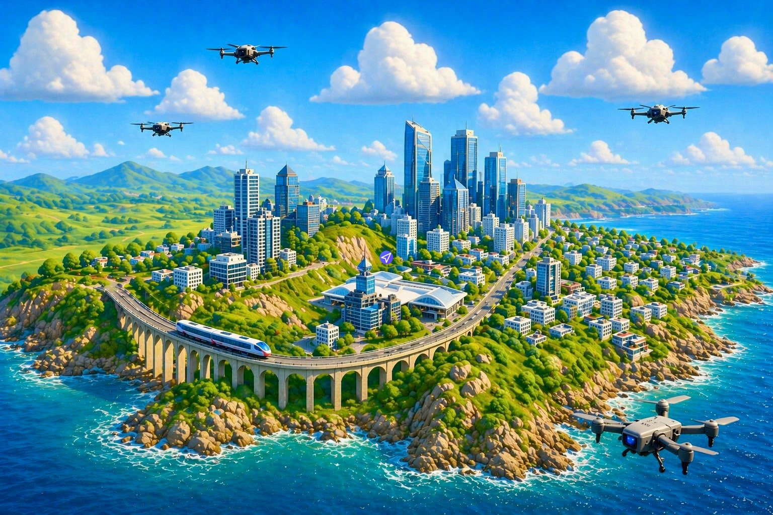 It is a photorealistic, wide-angle aerial digital illustration that serves as the mod cover art for the "Metruvia United Kingdom Expansion (Series 6)" Transport Fever mod. The image presents a dramatic coastal and urban landscape of Metruvia. The city is a bustling blend of modern high-rise skyscrapers and smaller, light-colored buildings, densely packed and perched on a hilly, lush-green peninsula. This peninsula is characterized by steep, rugged rock cliffs that plunge into a vast, deep-blue sea. Winding around the peninsula is a grand, multi-arch stone railway viaduct and bridge, carrying both a sleek, blue-and-white modern passenger train and an adjacent road with vehicles. A wide-span concrete and steel bridge connects the viaduct-city complex to a large, sprawling green island or mainland in the background, which is covered in rolling, grassy hills and patches of trees, leading to a long coastline. Beyond the land, the vast open ocean stretches to a misty horizon. The sky is bright blue with scattered, puffy white cumulus and wispy cirrus clouds. Flying prominently through the air are multiple unmanned multi-rotor aerial vehicles (drones or urban air mobility vehicles): one large, dark multi-propeller vehicle dominates the lower right foreground, two medium-sized quadcopters are over the peninsula city, and a small single-rotor drone is near the far-left coast. A stylized purple and white navigation arrow icon is superimposed over the central part of the city and viaduct. The art style is high-quality digital rendering, combining hyper-realistic details with a composition similar to professional game key art.