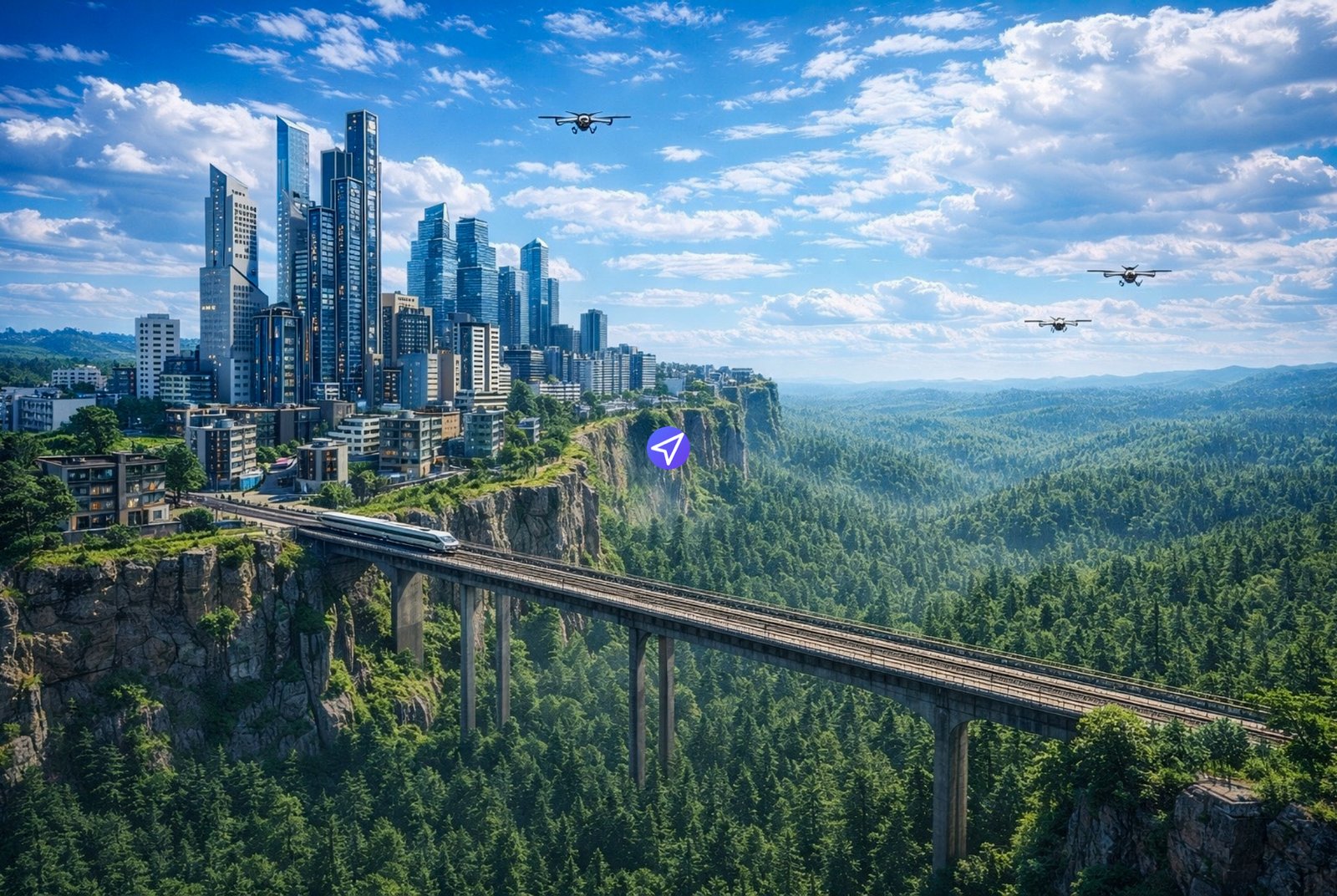 A sweeping aerial-perspective digital painting, serving as cover art for the 'Metruvia Valley Expansion (Series 3)' Transport Fever Mod, shows a stark contrast between a modern, dense city and a vast wilderness valley. Perched on a massive, sheer-cliff escarpment is the sprawling city of Metruvia, filled with countless high-rise glass-and-steel skyscrapers. A long, multi-car modern high-speed passenger train (white with blue accents) crosses a colossal, multi-arch concrete viaduct bridge, which spans the void from the city edge into the distance over a seemingly endless, dense, dark green pine and evergreen forest valley. The valley recedes into a misty horizon of rolling hills under a bright blue sky filled with textured cumulus clouds. In the sky above the city and valley, three modern, multi-rotor urban air mobility (flying taxi) drones are in flight, with one larger craft over the city and two smaller ones on the far-right. A stylized, small purple map pin icon is positioned just below the train viaduct where it meets the cliff. The overall view captures the scale of human infrastructure integrated with natural landscapes.