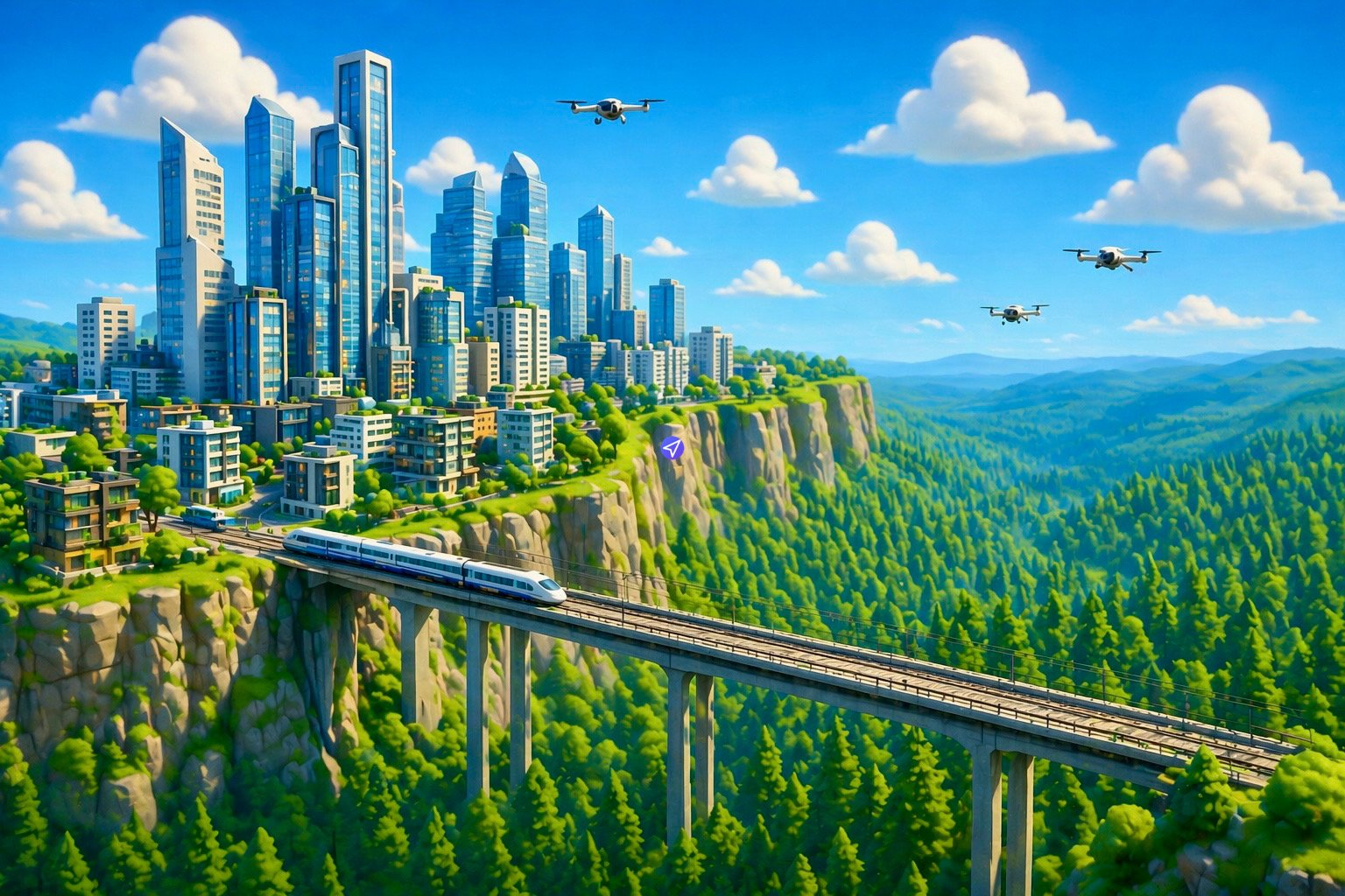 A sweeping aerial-perspective digital painting, serving as cover art for the 'Metruvia Valley Expansion (Series 3)' Transport Fever Mod, shows a stark contrast between a modern, dense city and a vast wilderness valley. Perched on a massive, sheer-cliff escarpment is the sprawling city of Metruvia, filled with countless high-rise glass-and-steel skyscrapers. A long, multi-car modern high-speed passenger train (white with blue accents) crosses a colossal, multi-arch concrete viaduct bridge, which spans the void from the city edge into the distance over a seemingly endless, dense, dark green pine and evergreen forest valley. The valley recedes into a misty horizon of rolling hills under a bright blue sky filled with textured cumulus clouds. In the sky above the city and valley, three modern, multi-rotor urban air mobility (flying taxi) drones are in flight, with one larger craft over the city and two smaller ones on the far-right. A stylized, small purple map pin icon is positioned just below the train viaduct where it meets the cliff. The overall view captures the scale of human infrastructure integrated with natural landscapes.
